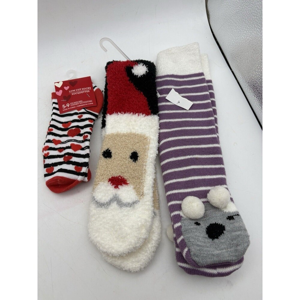 Women’s Cozy Socks Lot 3 Pairs Santa Mouse Hearts Knee High Low Cut New